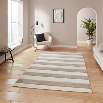 Catherine Lansfield Cove Stripe Modern Linear Durable Easy-Care Carved High Density Polyproplyene Natural/Cream Rug-Think Rugs-Rug Love - The Most Loved Rug Store